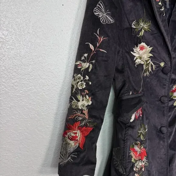 Paparazzi By Biz Coat Womens Small Velvet Embroidered Floral Butterfly Boho - Picture 6 of 12
